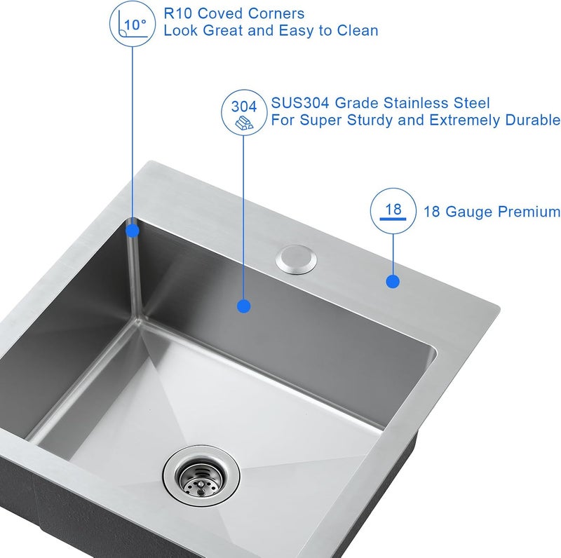 MENATT 15x15 inch Drop-in Bar Sink with 1 Faucet Hole, T-304 Stainless Steel Handmade Single Bowl Kitchen Rv Sink with 2" Drain Hole, Brushed - Image 4